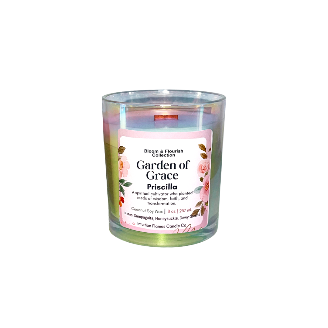 Intuition Flames Garden of Grace Priscilla candle, 10 oz coconut wax candle with wooden wick in a blush-toned iridescent glass jar. Features sampaguita, honeysuckle, and green leaf fragrance inspired by biblical teacher Priscilla. Clean-burning, toxin-free, perfect for quiet reflection, faith journaling, and spiritual leadership.