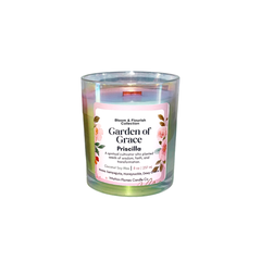 Intuition Flames Garden of Grace Priscilla candle, 10 oz coconut wax candle with wooden wick in a blush-toned iridescent glass jar. Features sampaguita, honeysuckle, and green leaf fragrance inspired by biblical teacher Priscilla. Clean-burning, toxin-free, perfect for quiet reflection, faith journaling, and spiritual leadership.