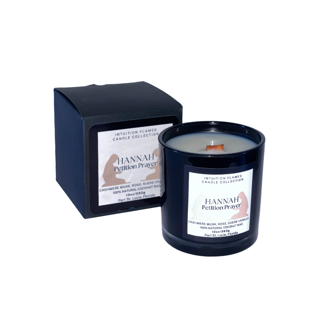 Intuition Flames Hannah Petition Prayer Candle, 10 oz coconut wax candle with wooden wick in black glass jar. Features a calming blend of vanilla, rose, and cashmere. Hand-poured in small batches, clean-burning and toxin-free, ideal for prayer, reflection, and faith-filled moments.