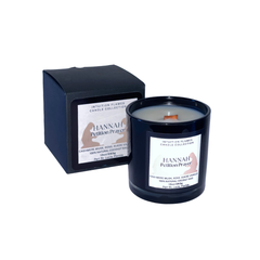 Intuition Flames Hannah Petition Prayer Candle, 10 oz coconut wax candle with wooden wick in black glass jar. Features a calming blend of vanilla, rose, and cashmere. Hand-poured in small batches, clean-burning and toxin-free, ideal for prayer, reflection, and faith-filled moments.
