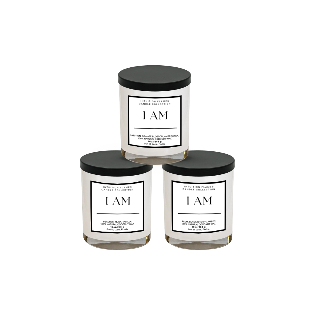 Intuition Flames Affirmation Candle Gift Set featuring three 10 oz hand-poured coconut wax candles with wooden wicks. Customizable candles with peach musk vanilla, saffron orange blossom amberwood fir, and plum black cherry amber fragrances. Clean-burning, toxin-free, perfect for self-care and empowerment rituals.