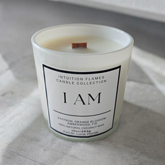 10 oz clean-burning coconut wax candles from Intuition Flames Affirmation Gift Set. Includes peach musk vanilla, saffron orange blossom amberwood fir, and plum black cherry amber scents. Customizable with affirmation stickers, designed for uplifting home fragrance and spiritual intention.