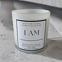 Luxury Affirmation Candle Gift Set by Intuition Flames with 10 oz coconut wax candles and wooden wicks. Includes warm peach vanilla, vibrant saffron and orange blossom, and sultry plum and amber scents. Comes with affirmation sticker sheets for personalized self-reflection and spiritual growth.