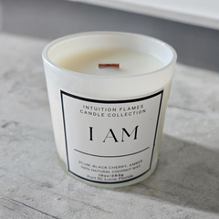 Handcrafted Intuition Flames Affirmation Candle Set with toxin-free fragrances in clear glass jars. Features empowering scents of peaches musk vanilla, saffron amberwood fir, and plum black cherry amber. Ideal for faith-inspired gifts and mindful candle rituals.