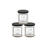 Intuition Flames Affirmation Candle Gift Set featuring three 10 oz hand-poured coconut wax candles with wooden wicks. Customizable candles with peach musk vanilla, saffron orange blossom amberwood fir, and plum black cherry amber fragrances. Clean-burning, toxin-free, perfect for self-care and empowerment rituals.