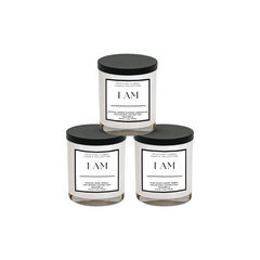 Intuition Flames Affirmation Candle Gift Set featuring three 10 oz hand-poured coconut wax candles with wooden wicks. Customizable candles with peach musk vanilla, saffron orange blossom amberwood fir, and plum black cherry amber fragrances. Clean-burning, toxin-free, perfect for self-care and empowerment rituals.