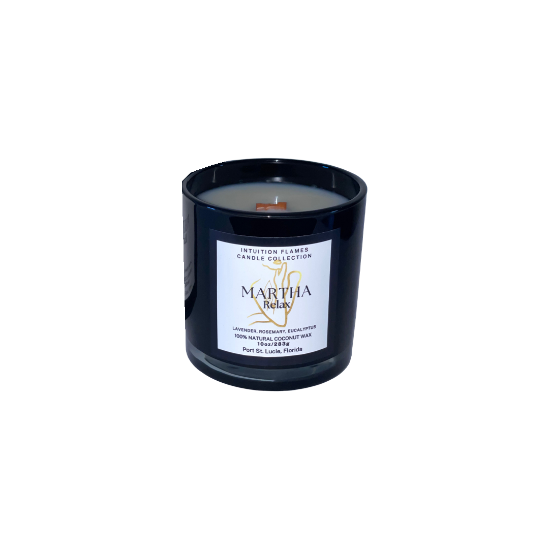 Intuition Flames Martha Relax Candle, 10 oz coconut wax candle with wooden wick in matte black glass jar. Features a calming aromatherapy blend of lavender, rosemary, and eucalyptus. Clean-burning, toxin-free, made for relaxation, prayer, and stress relief.