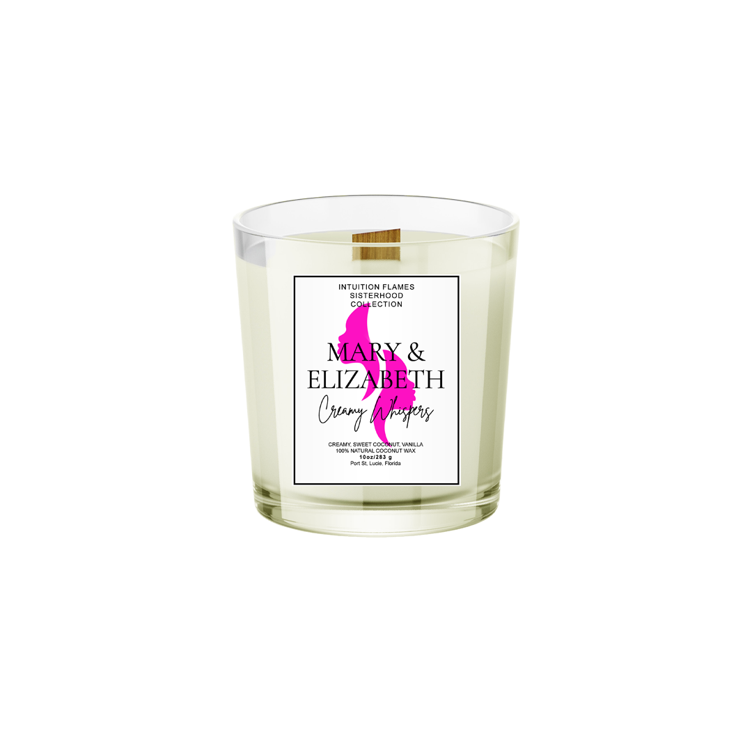 Intuition Flames Mary and Elizabeth Sisterhood Candle, 10 oz coconut wax candle with wooden wick in matte black glass jar. Features creamy coconut, whipped cream, and vanilla fragrance. Clean-burning, toxin-free, hand-poured for spiritual connection, friendship, and peace.