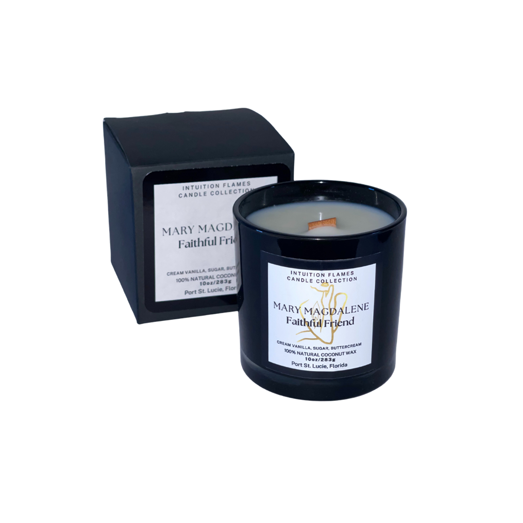 Intuition Flames Mary Magdalene Candle, 10 oz coconut wax candle with wooden wick in matte black glass jar. Features a soft and sweet fragrance blend of vanilla, spun sugar, and buttercream. Clean-burning, non-toxic, handcrafted for faith, healing, and peaceful ambiance.