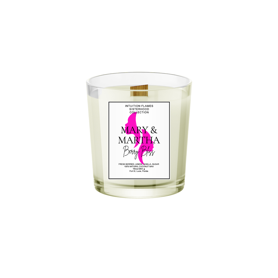 Intuition Flames Mary and Martha Berry Bliss Candle, 10 oz coconut wax candle with wooden wick in matte black glass jar. Features fresh berry, lemon, vanilla, and sugar fragrance blend. Clean-burning, toxin-free, hand-poured for balance, joy, and reflection.
