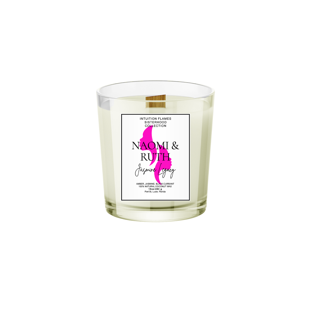 Intuition Flames Naomi and Ruth Jasmine Legacy Candle, 10 oz coconut wax candle with wooden wick in matte black glass jar. Features jasmine, amber, and black currant fragrance blend. Clean-burning, toxin-free, hand-poured for faith, loyalty, and spiritual reflection.