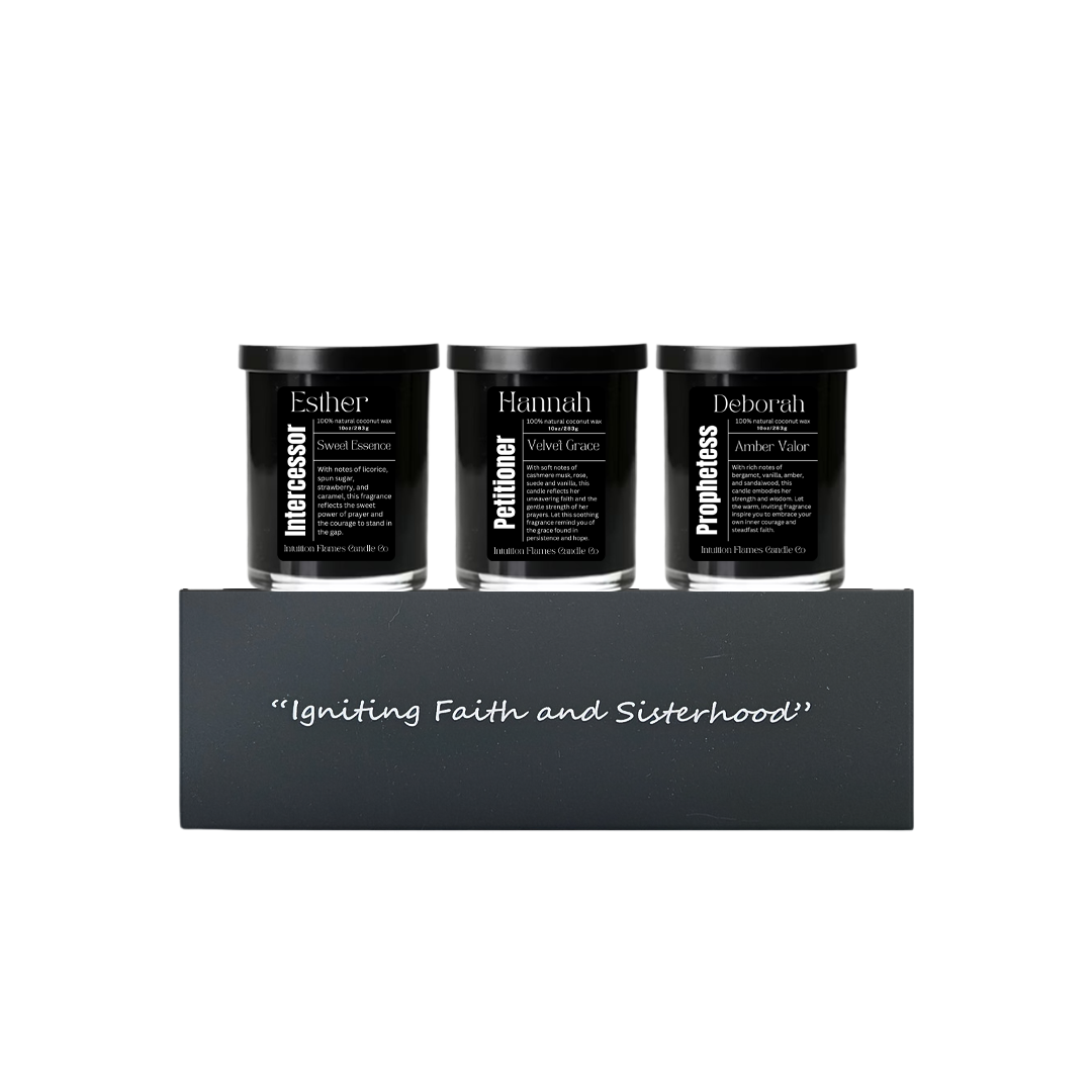 Prayer Warrior Gift Set luxury 3-candle collection featuring hand-poured coconut wax candles with wooden wicks. Fragrances inspired by biblical women Esther, Hannah, and Deborah including licorice strawberry caramel, cashmere musk rose vanilla, and amber bergamot sandalwood. Clean-burning, long-lasting scented candles in elegant black glass vessels perfect for faith-based gifts, home fragrance, prayer rituals, and spiritual ambiance.
