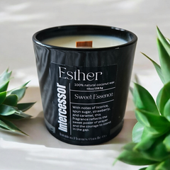 Prayer Warrior Gift Set featuring clean-burning wood wick candles crafted with eco-friendly coconut wax. Includes scents inspired by biblical heroines: sweet caramel and licorice, gentle vanilla and rose, and rich amber and bergamot. Elegant black vessels perfect for faith-inspired gifting.