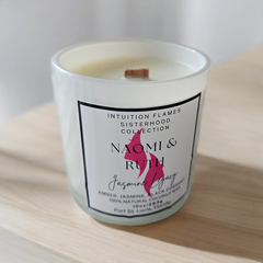 Luxury 10 oz candle set by Intuition Flames, made with natural coconut wax and crackling wooden wicks. Sisterhood Gift Set inspired by biblical sisterly bonds, offering creamy coconut vanilla, fresh berry lemon, and jasmine amber fragrances. Ethically handmade in Port St. Lucie, FL.