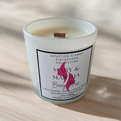 Sisterhood Candle Gift Set by Intuition Flames, a premium 3-piece collection of 10 oz coconut wax candles with wooden wicks. Scents include Mary & Elizabeth’s creamy vanilla, Mary & Martha’s berry zest, and Naomi & Ruth’s jasmine legacy. Ethically produced in Port St. Lucie, FL.