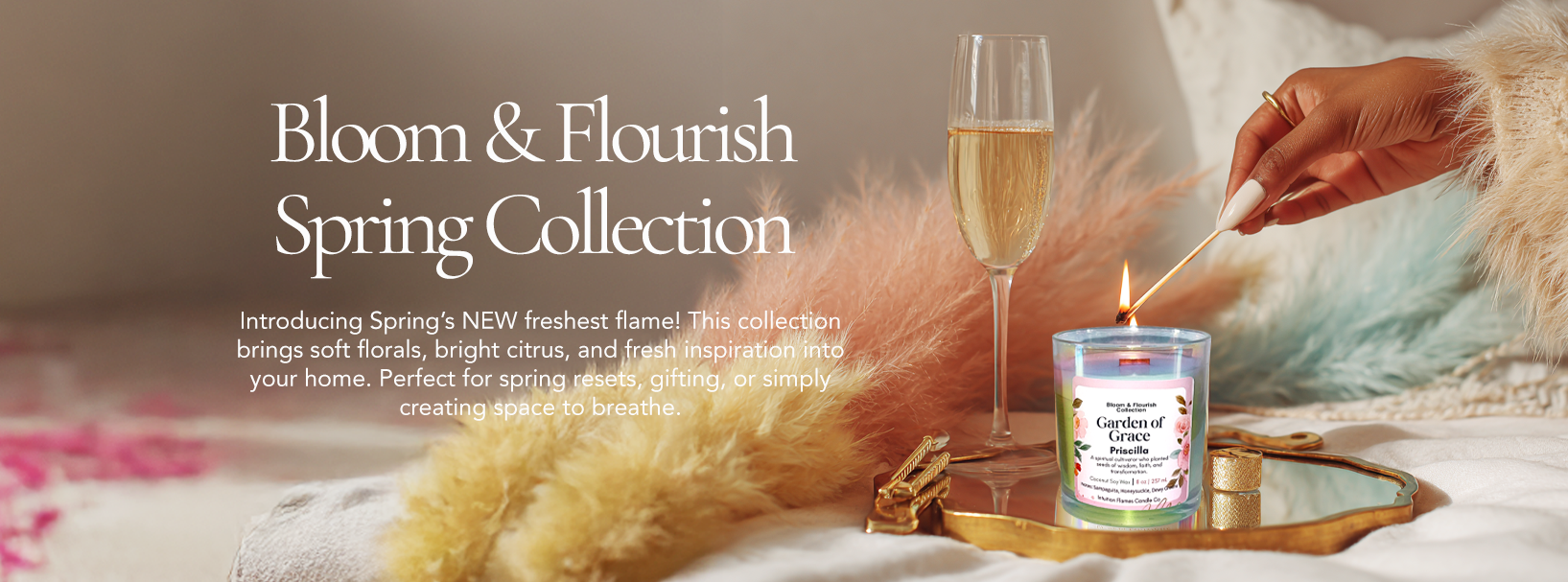 Intuition Flames Bloom and Flourish Spring candle collection featuring hand-poured coconut wax candles inspired by biblical women and seasonal renewal.