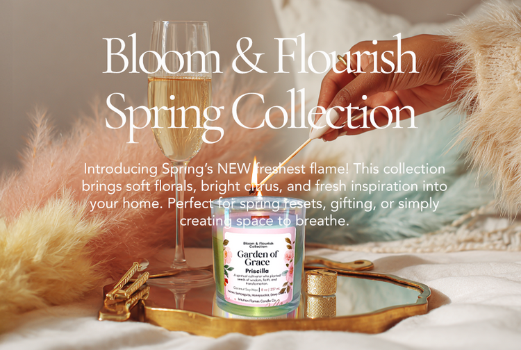 Luxury spring candles from Intuition Flames, including Joyful Jasmine, Freshly Restored, and Garden of Grace—faith-based scents for home and spirit.

