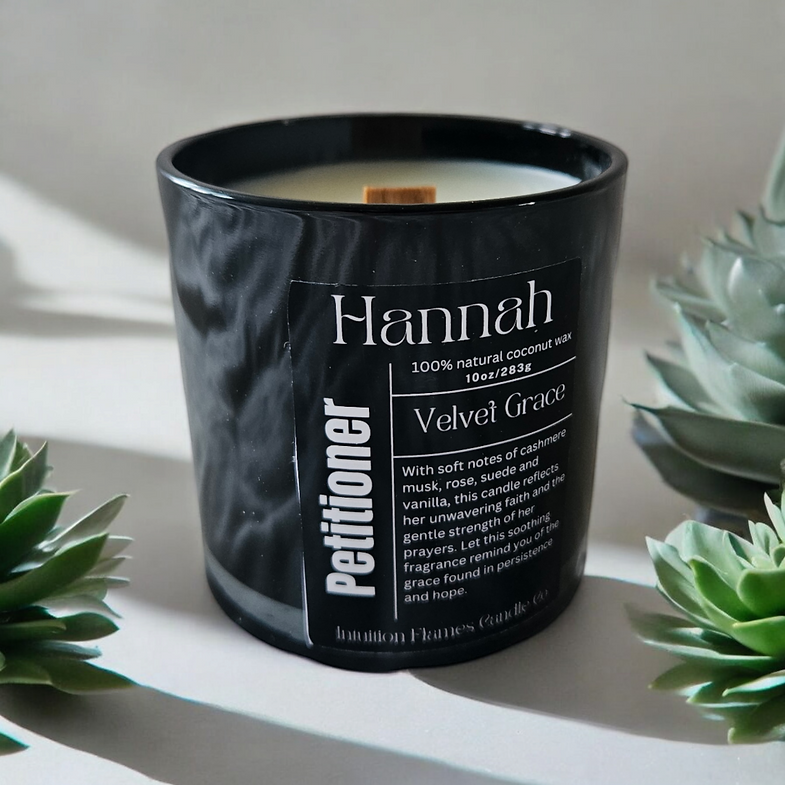 Luxury scented candle collection Prayer Warrior Gift Set with wooden wicks for crackling ambiance. Hand-poured with natural coconut wax and phthalate-free fragrances. Includes Esther, Hannah, and Deborah inspired scents for a calming, uplifting home atmosphere.